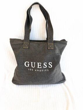Guess Authentic Vintage 1990s Dark Gray Canvas Tote, White Logo Yellow Stitch